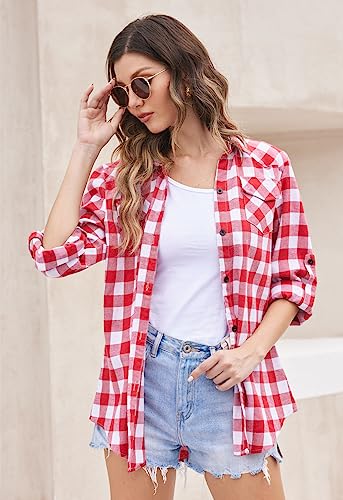 Zeagoo Karohemd Damen Trachtenbluse V-Ausschnitt Oktoberfest Hemden Knopfleiste Karierte Bluse 3/4 Arm Hemdbluse Kariertes Jacke Casual HolzfäLlerhemd Trachten Oberteil Wassermelonenrot S