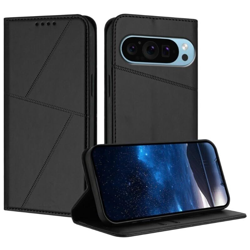 Coque Pixel 9 Pro 5G anti-chute fini cuir noir avec fente pour carte