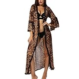 YUHOOE Damen Kimono Morgenmantel,Satin Kimono Sexy Leopard Robe Spitzenbesatz V-Ausschnitt Weiche Nachtwäsche Langer Bademantel Für Braut Hochzeitsfeier Leopard XL