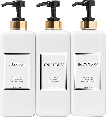 HARRA HOME Modern Gold Design - Juego de botellas dispensadoras de champú y acondicionador recargables de 27 onzas, botellas de plástico para ducha