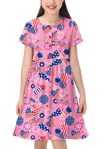 Remimi Girl 4th of July Dress American Flag Short Sleeve Summer Beach Dresses 5-14 Years