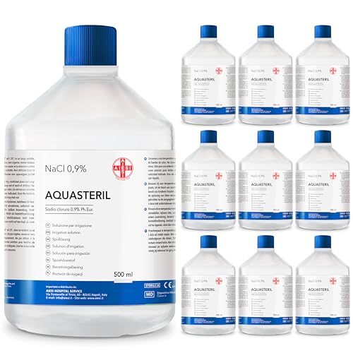 AIESI® Suero fisiologico solution salina para lavado nasale, nebulizador e irrigación (10x500 ml) con tapón resellable AQUASTERIL, Cloruro de sodio al 0,9%