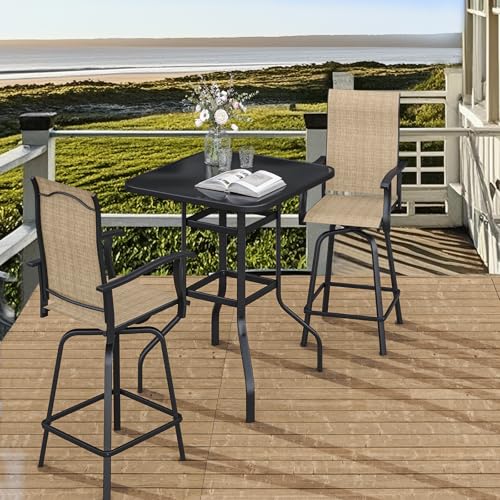 BUPPLEE 3-Piece Patio Bar Set with Textilene Swivel Bar Stools, All-Weather Bar Height Tempered Glass Table and Chairs for Lawn, Garden, Balcony, Deck, Backyard, Rustproof Frame-Light Brown