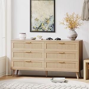 Rovaurx 6 Drawer Double Dresser for Bedroom, Rattan Chest of Dressers, Modern Wooden Dresser Chest with Golden Handles, Beside Table for Closet, Living Room and Entryway, Natural Rovaurx 6 Drawer Double Dresser for Bedroom Rattan Chest of Dressers Modern Wooden Dresser Chest with Golden Handles Beside Table for Closet Living Room and Entryway Natural