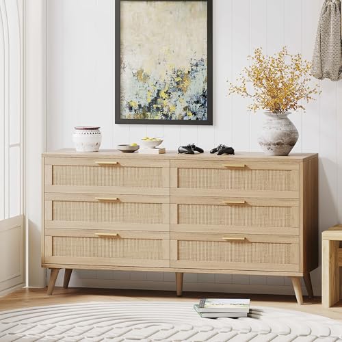 Rovaurx-6-Drawer-Double-Dresser-for-Bedroom-Rattan-Chest-of-Dressers-Modern-Wooden-Dresser-Chest-with-Golden-Handles-Beside-Table-for-Closet-Living-Room-and-Entryway-Natural Rovaurx 6 Drawer Double Dresser for Bedroom Rattan Chest of Dressers Modern Wooden Dresser Chest with Golden Handles Beside Table for Closet Living Room and Entryway Natural