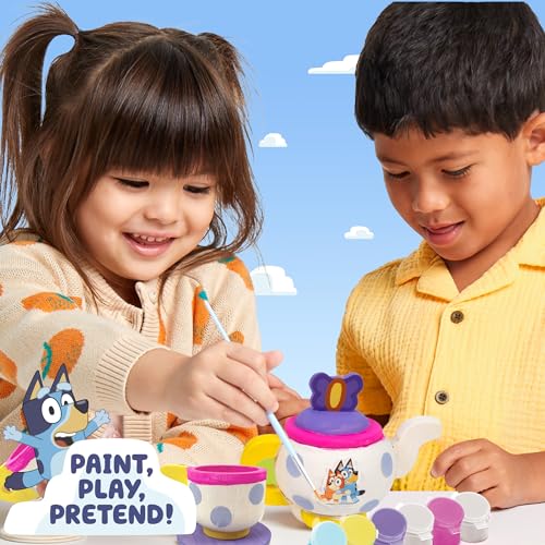 Image of Bluey Paint & Play Tea Party, 6-Piece Wooden Tea Set, Customize with Paint & Stickers, 2 Wearable Crowns, Fun Toys for Kids, Cute Birthday Party Decorations, Pretend Play Tea Party, Toys