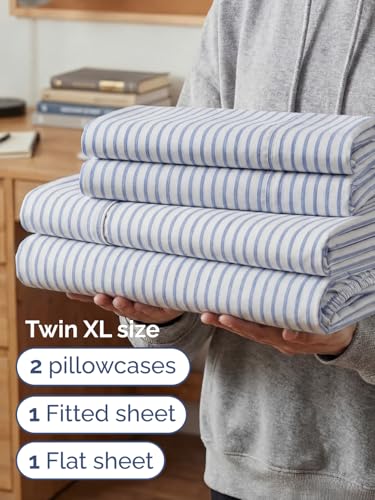Image of Extra Deep Twin XL Sheet Set - 4 Piece Breathable & Cooling - Blue Stripes | Hotel Luxury Bed Sheets Set, Easy & Secure Fit, Ultra-Soft, Wrinkle & Fade Free, Comfy Sheets Set with Extra Deep Pockets