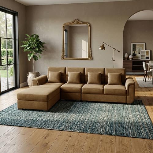 Image of Wood 6 Seater Sofa Set | Velvet Fabric Upholstery | Modern Wooden Frame Sectional Couch with Cushions for Living Room, Home & Office (Golden)