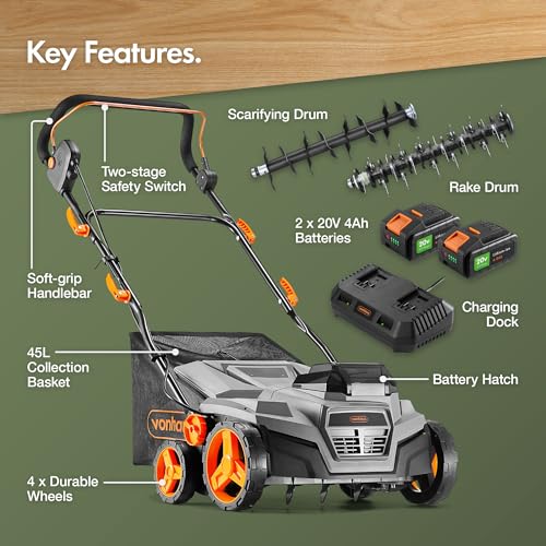 VonHaus Lawn Scarifier/Aerator/Rake Cordless – for Dethatching/Raking Grass of Thatch, Moss, Dead Leaves & Aerates Soil – 40V Battery (2x 20V), Dual Charger, 45L Collection Box, 38cm Working Width - Image 8