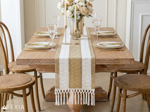 Image of FEXIA Boho Table Runner with Tassels for Home Decor Farmhouse Rustic Table Runner Macrame Burlap Woven Dinning Decoration for Living Room Bridal Shower Independence Day Decorations(12x72 Inches)