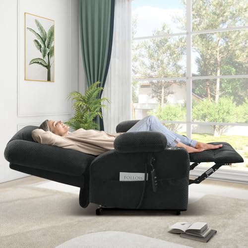 Image of Madaha Electric Power Large Lift Recliner Chair Sofa with Massage and Heat for Elderly, Oversized Lay Flat Dual Motor Infinite Position Recliner Chair, Side Pockets, Cup Holders, USB Ports (Grey)
