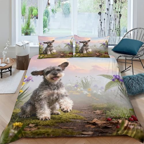Housse de couette Schnauzer nain 135x200 microfibre imprimé fleurs - 4