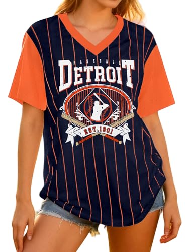 Baseball Shirt Women Baseball Mom Tshirt Striped Game Day Sports Fan Jersey Shirts V Neck Baseball Team Graphic Tee Tops Darkblue