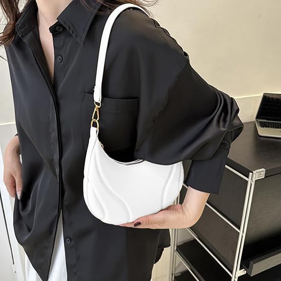 Shoulder Bag for Women,Tote Bag Purses for Women Crescent Shoulder Purse with Zipper,White2