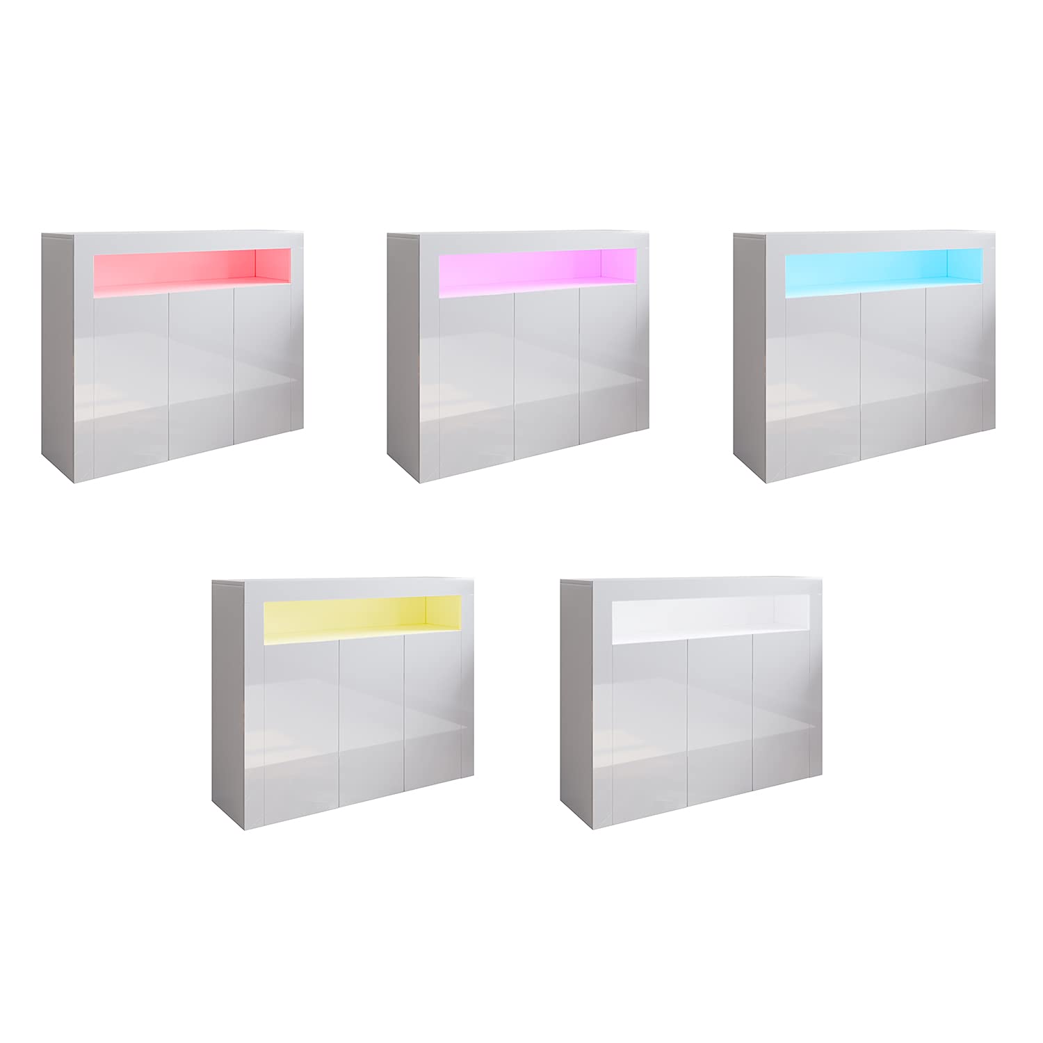 Cassettiera bianca lucida, credenza con LED, 3 ante, design senza manico, per cucina, corridoio, camera da letto, 116 x 93 x 35 cm (larghezza x altezza x profondità)