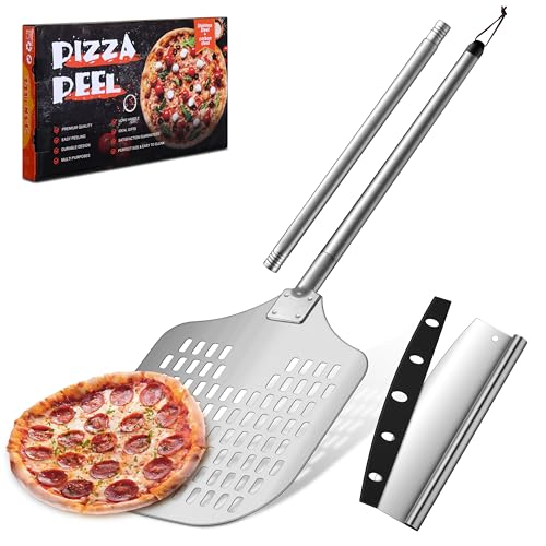 Joyfair 12 Inch Perforated Pizza Peel Aluminum Pizzas Spatula, Metal Pizza Paddle with Rocker Cutter Pizza Oven Accessories Turning Tool Set, 38.5”- 49” Long Detachable Handles (SS Handle)