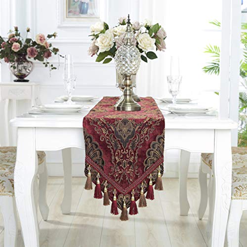 Embroidery Luxury Table Runner Jacquard Fabric Table Runner With Multi-Tassels For Dining Room Dresser Wedding Party Decorations, 13" X 98", Red #TOP1