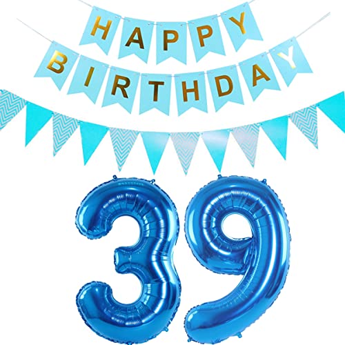 Globos de 39 años, decoración de cumpleaños para hombre azul + guirnalda Happy Birthday de 100 cm, globos hinchables de helio, 39 globos Cover