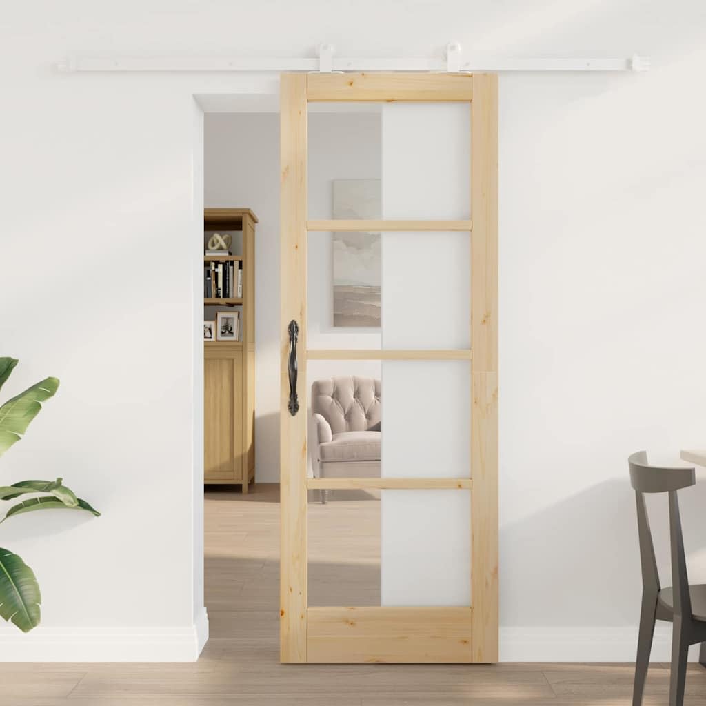 ORKDAL - Porta scorrevole in legno di pino massiccio e vetro di sicurezza, 73,5 x 198,5 cm, divisorio per soggiorno e camera da letto, sistema a binari silenzioso