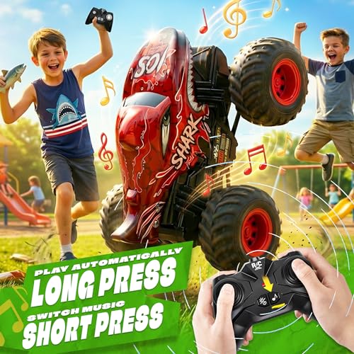 Image of BEZGAR Monster Truck Toys - Remote Control Monster Truck with Light & Music, Dinosaur Toys for Kids, 1:20 Scale RC Truck with 360 Spins and Drifting, Remote Control Car for Boys 4-7 Red