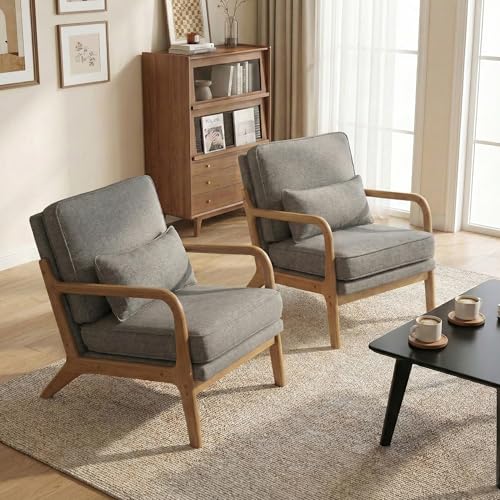 Sillón moderno de madera tapizado gris miniatura 1