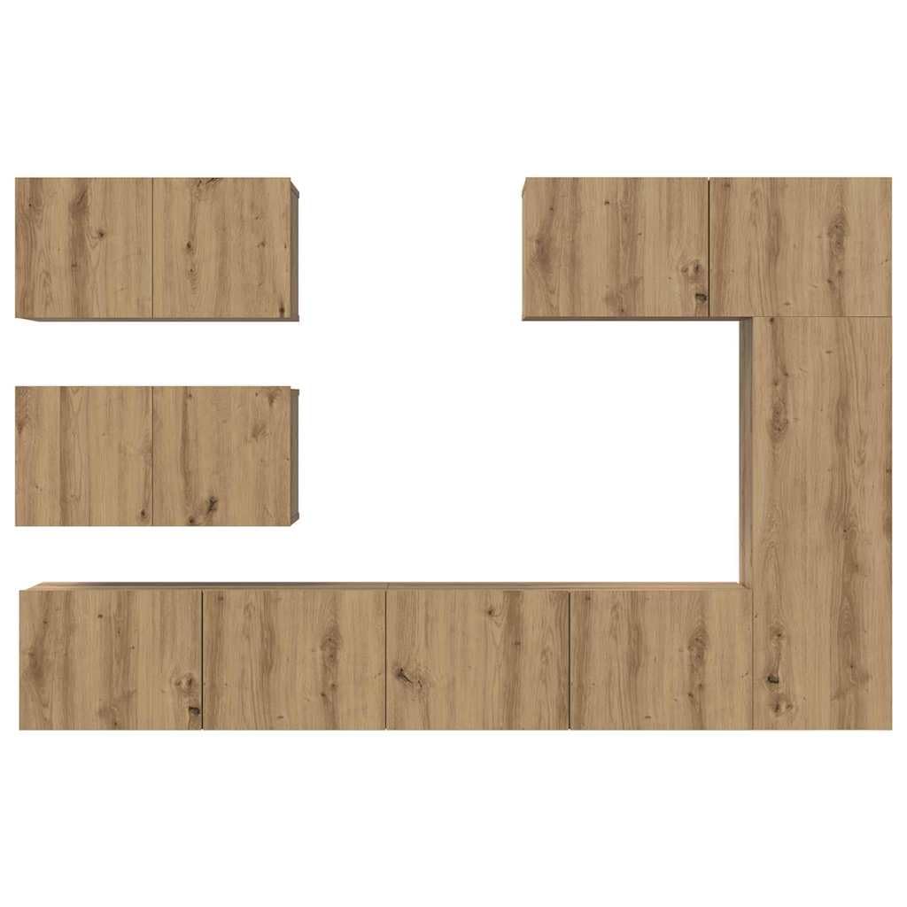 6-Piece Wall Mounted TV Stand Set, Artisan Oak Engineered Wood | Features adjustable shelves and storage compartments, providing a space-saving media center for living rooms.