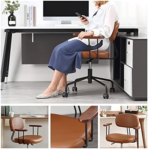 Modern Home Office PU Chair, Adjustable Height Comfy Padded Rotatable Chair for Living Room and Bedroom,Task Chair for PC Writing Desk Dresser, Upholstered Guest Chair with Detachable Armrests (Brown)