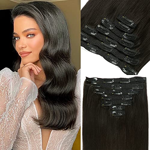 Anrosa Clip Hair Extensions 7 Pcs 18 Inch Seamless Hair Extensions 120G Per Set Solid Color #1B Straight Clip in Hair Extensions Remy Hair