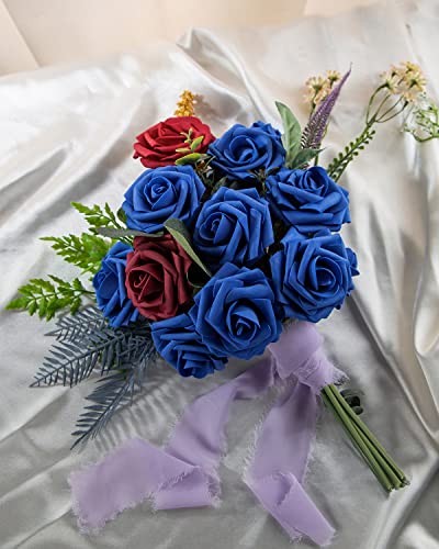 DuHouse 25Pcs Artificial Roses Flowers Fake Rose with Stems Real Touch Foam Flower Head for DIY Wedding Bridal Bouquet Baby Shower Centerpiece Floral Arrangement Party Home Decor(Royal Blue-A) - Image 3