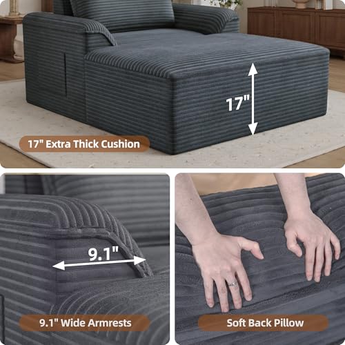 Image of Claiks 68 inch Oversized Chaise Lounge Chair Indoor, Corduroy Upholstered Boneless Sofa Bed, Deep Seat Sleeper Couch with Pillows and Armrest, Cloud Sofas Reading Chair for Living Room, Dark Gray