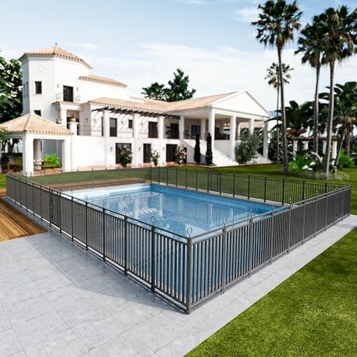 Petorldog Metal Swimming Pool Fence 110ft (L) × 40in (H) with 42 Panels & 6 Gates, Pool Safety Fence, Protective Barrier with Reinforced Stakes, Compatible with Patios & Gardens, Black-Silver