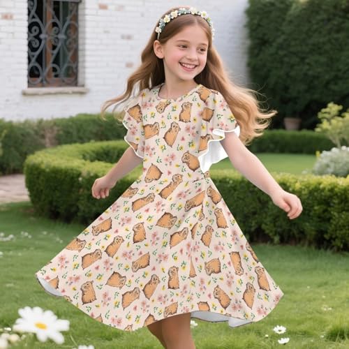 Girls Dress Summer Ruffle Hem Sleeves A Line Midi Dress Suitable for Party Daily Beach 3-14Y4