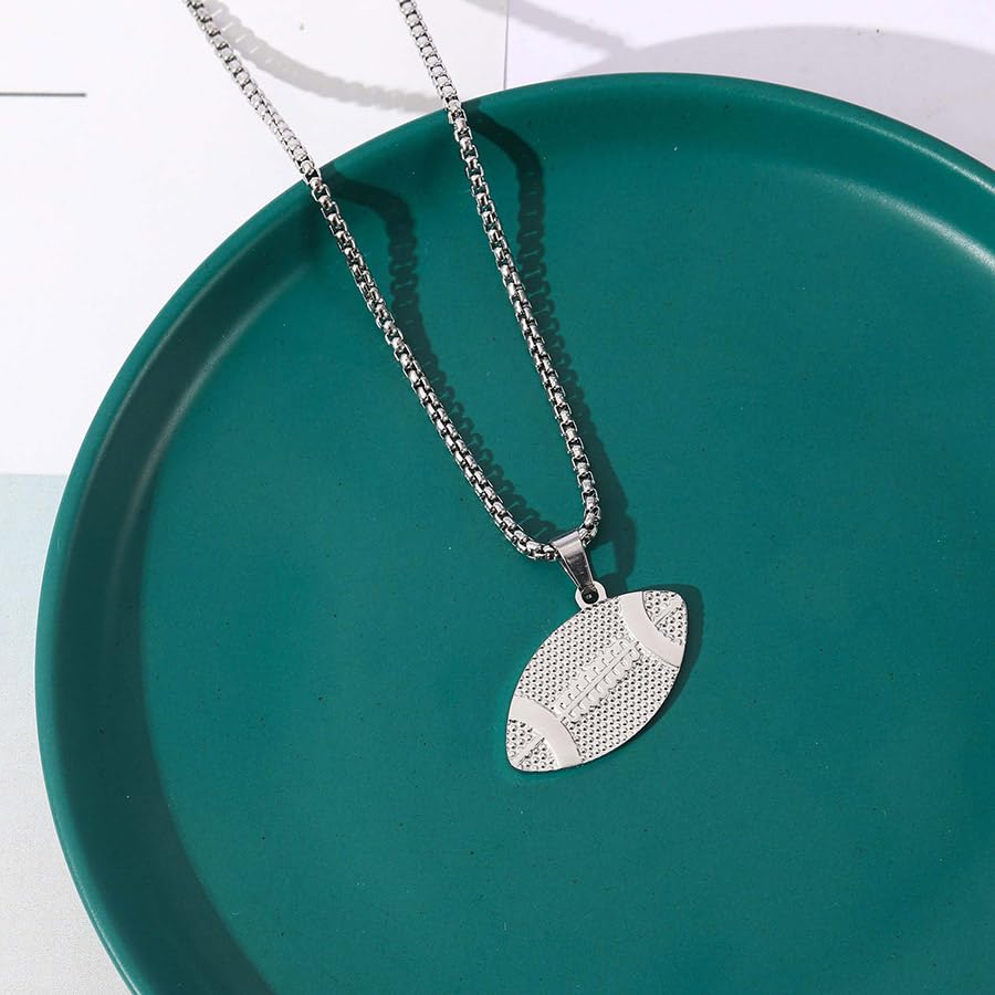 RFTWXHPN Football Pendant Rugby Ball Necklace Footballs Necklaces Football Coach Team Gifts for Women Men Foot Ball Necklace for Son Silver Rugby Necklaces3