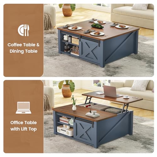 Image of SEDETA 31.5 inch Lift Top Coffee Table with Storage, Square Coffee Tables for Living Room, Farmhouse Coffee Table with Large Hidden Storage Compartment and Adjustable Shelves, Blue