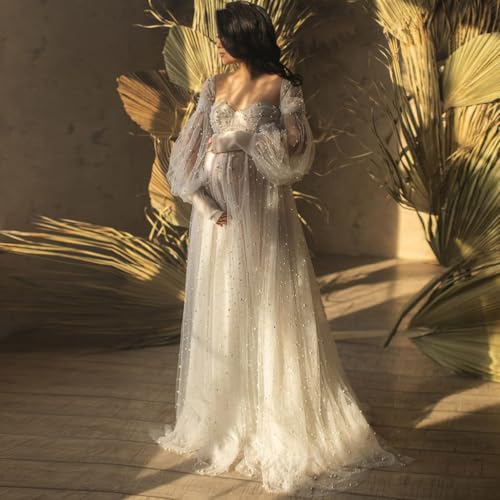 Molisa Women's Pearl Tulle Maternity Dress for Photoshoot Long Puffy Sleeve Off Shoulder Babyshower Bridal Pregnancy Gowns3