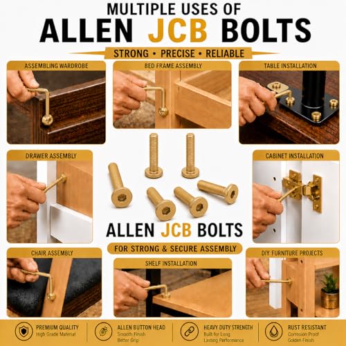 Image of By inchVP INDUSTRIES inch (Pcs-25) M6x10 mm Allen JCB Flat Head Screw Brass Gold Plated High Tensile | Allen key Head Screw for Modular Furniture, Wooden Work, Electrical Fittings, DIY & Industrial Use
