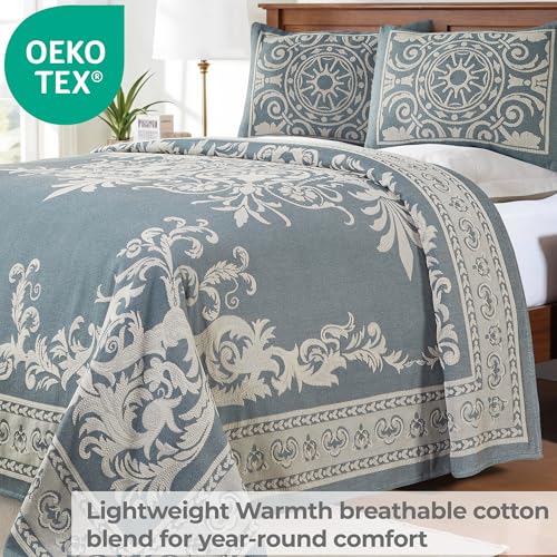 Colcha jacquard azul cerúleo de matrimonio con dos fundas de almohada 7