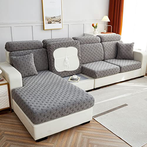 Surwin Jacquard Housse de Coussin de Canapé Extensible Hiver Peluche Chaud Antipoussière Housse de Siège de Canapé Housse de Protection pour Meubles (Gris,Petit Appui-tête) Cover