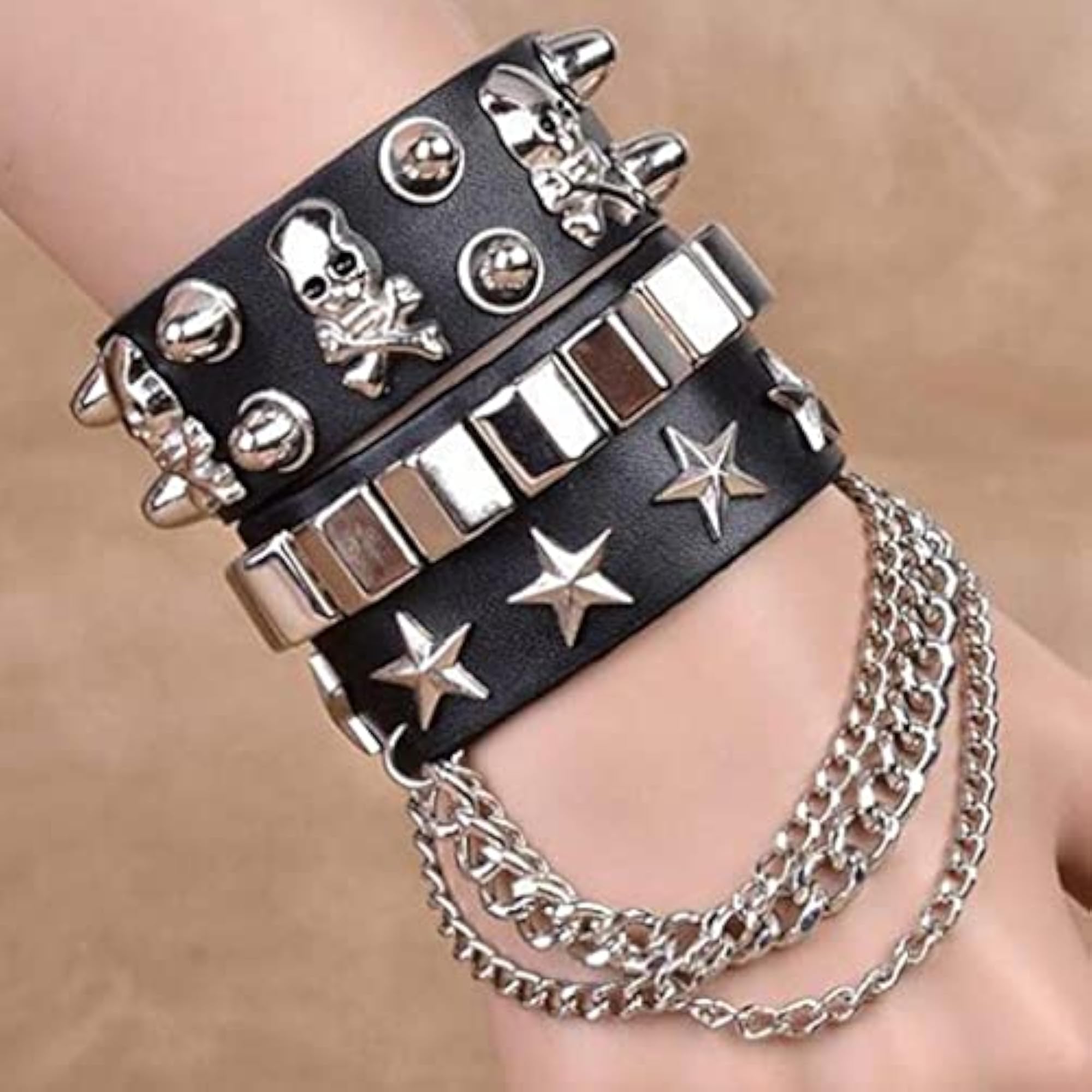 Layered Gothic Skull Punk Bracelet, Black Rivet Leather Cuff