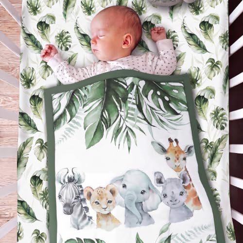 Image of Hahafelt 3 Pcs Safari Baby Crib Bedding Set Tropical Jungle Theme Decor for Infant Bed with Watercolor Elephant Zebra Giraffe Lion Includes Quilt, Fitted Sheet, Skirt for Baby Boy Girl Gifts