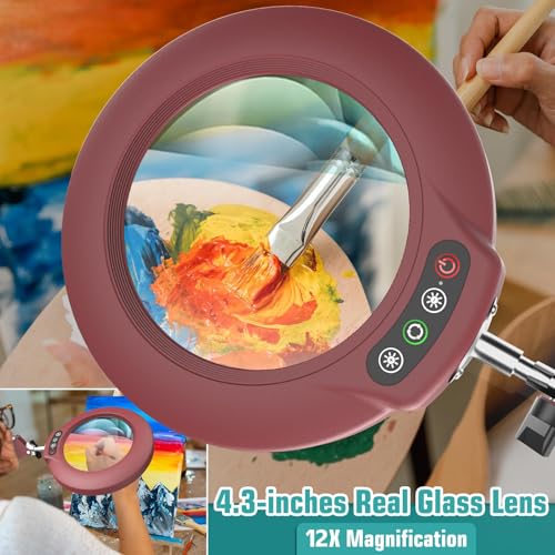Image of 12X Magnifying Glass with Light and Stand, Real Glass Lens (Not Acrylic), 5 Color Modes, Stepless Dimmable, LED 3-in-1 Floor Lamp, Swing Arm with Clamp, Lighted Magnifier Hands Free for Crafts - Red