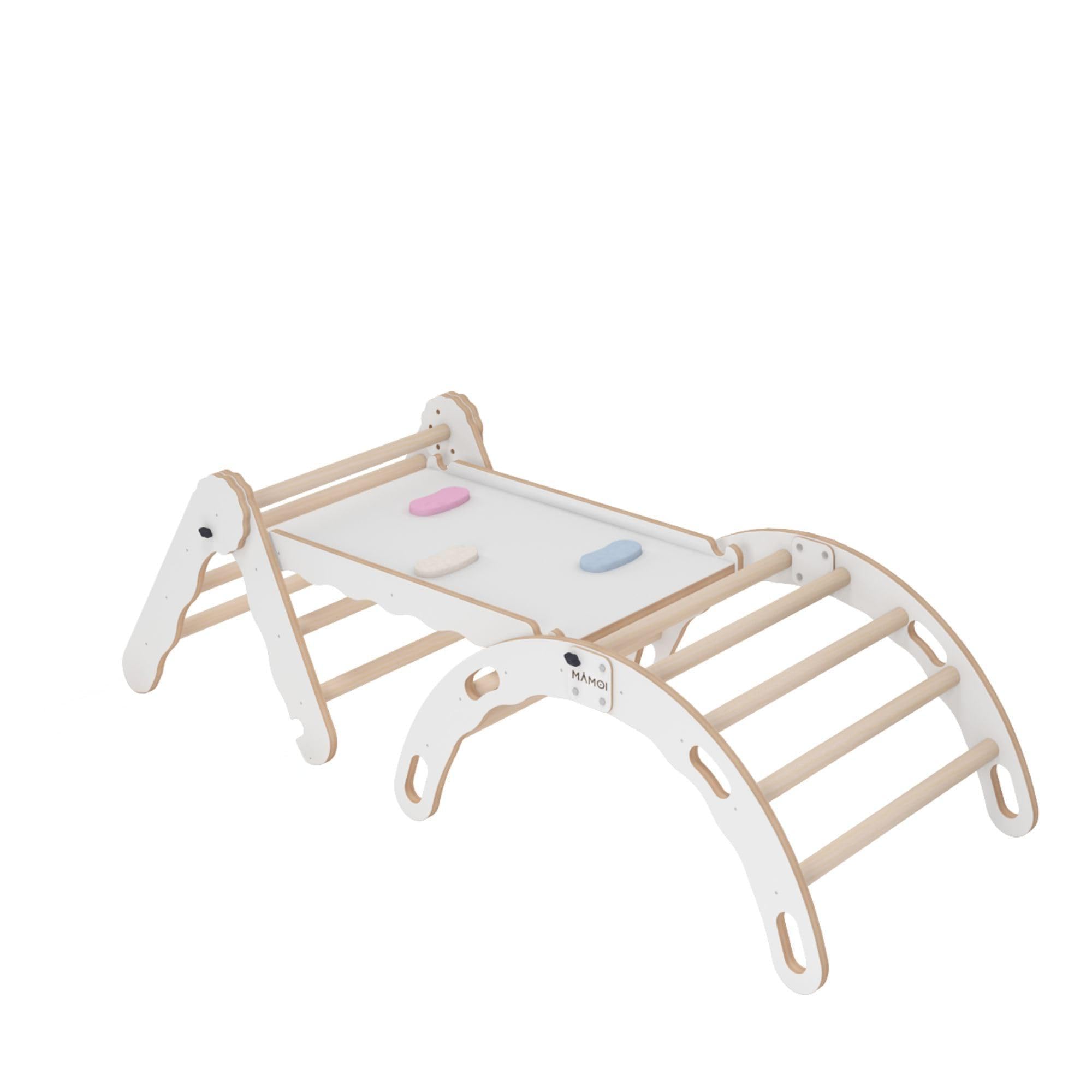 MAMOI® Set Klettergerüst Indoor, Kletterdreieck mit rutsche aus Holz, Kletterbogen, Klettergerüst mit Rutschbrett, Holzbogen für Spielplatz, Montessori