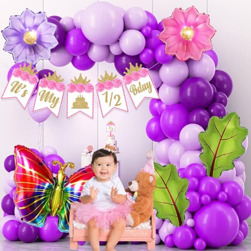 Image of Rozi Decoration Half Birthday Decoration Kit for Girls | 53 Pcs inchIt's My 1 /2 Birthday inch Banner, Cake Topper, Butterfly & Flower Foil Balloons, Garland Arch for Halfway to One Theme Party