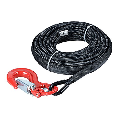 Astra Depot 50' x 1/4 7000lbs Black Synthetic Winch Line Cable Rope w/Rock All Heat Guard + RED Heavy Duty Half-Linked Hook for ATV UTV SUV KFI Recovery Replacement