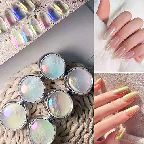 Chrome Nail Powder, 6Pcs/Set Jelly Neon Rainbow Holographic Chameleon Powder Aurora Effect Iridescent Pigment Glitter Fine Nail Art Glitter Dust With 2Pcs Sponge Stick #TOP6