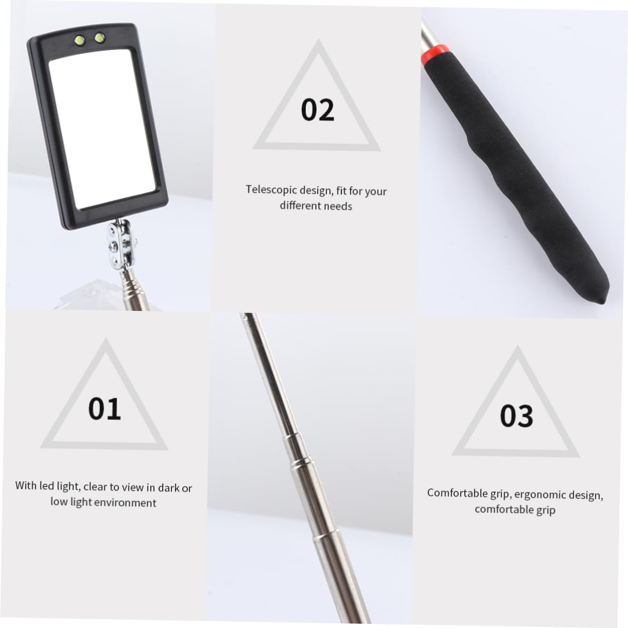 VILLFUL 3pcs LED Light Reflector Mechanic Mirror Automotive LED Car Vehicle Inspection Handheld Inspection Security Mirror Cars Cars Inspection Mirror Telescoping Stainless Steel Black