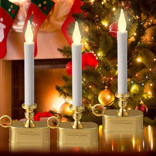 Image of Battery Operated Candles with Flickering Flame 1 Tier LED Window Candle 10.5 Inch Hight with Automatically Timer 8 Hours On /16 Hours Off, Gold Shine for Xmas Festival