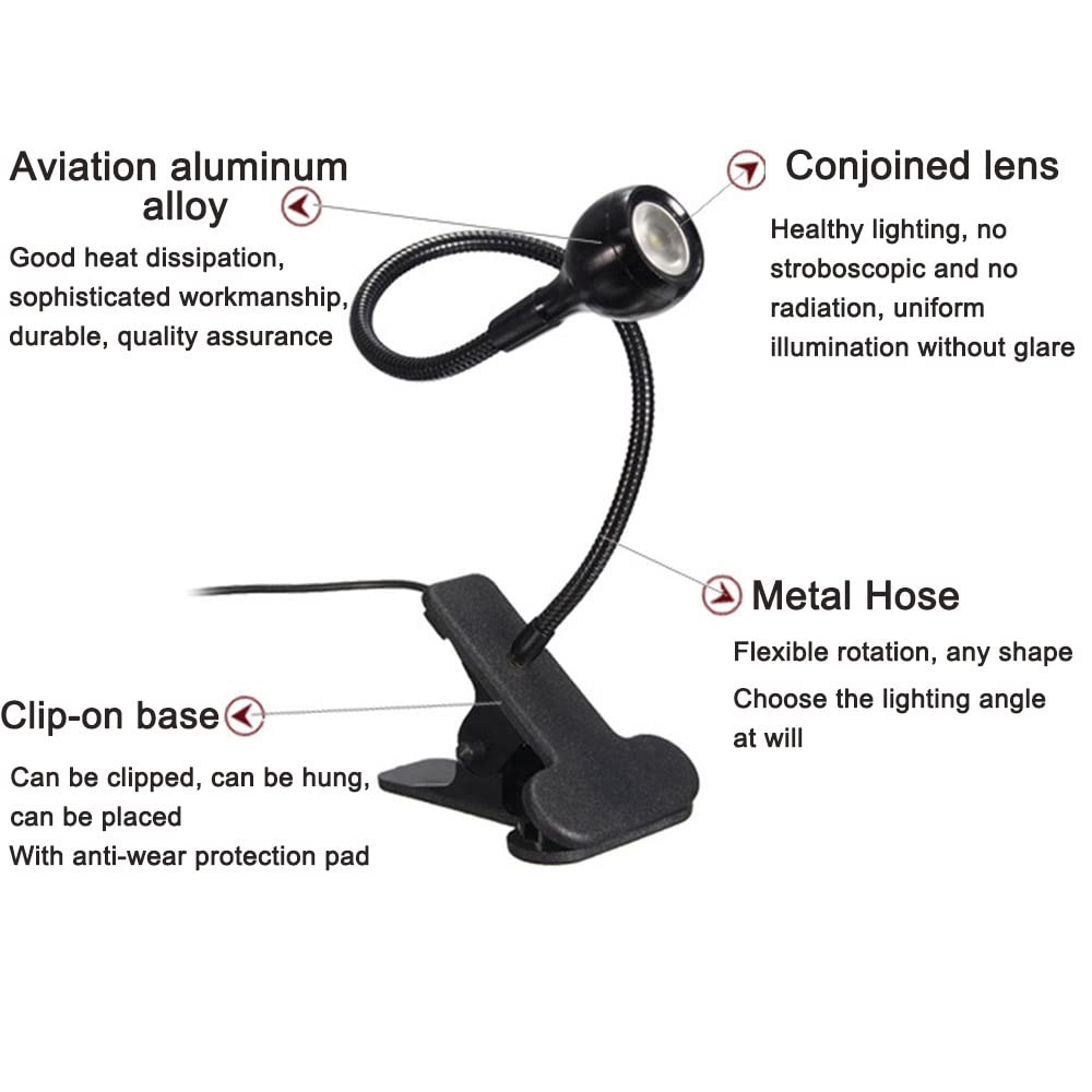 Luce a LED a clip, per la lettura degli occhi, luce da lettura con collo d'oca, luce flessibile a 360°, luce notturna a clip per scrivania, letto e computer, colore nero