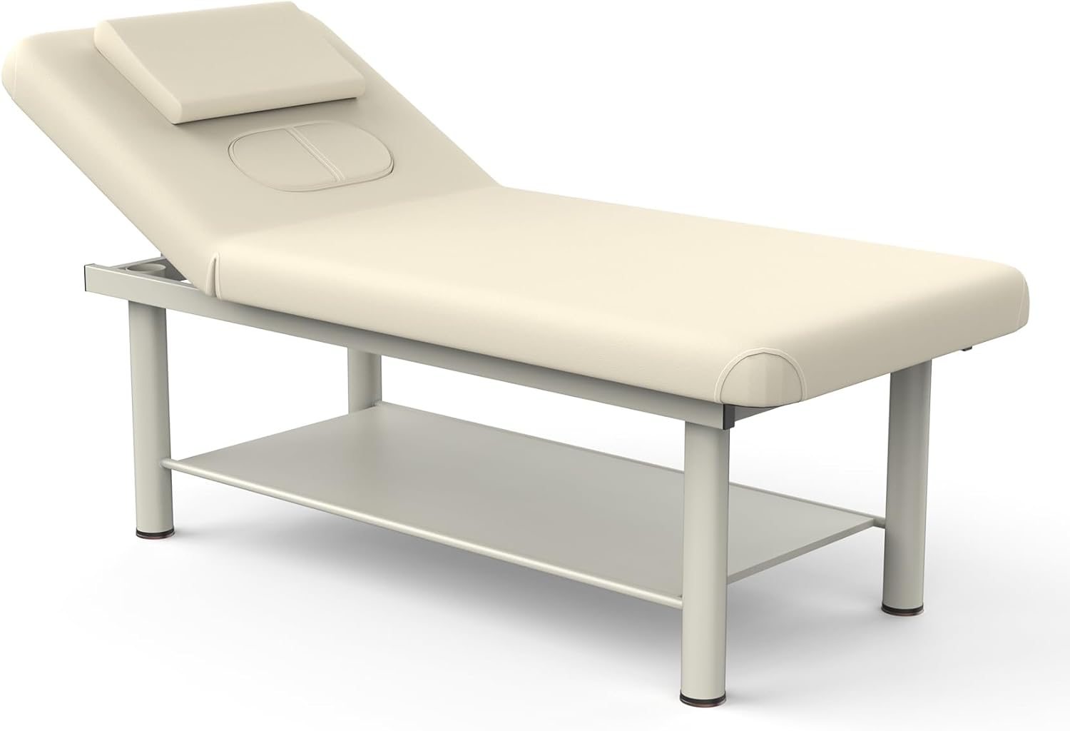 Dolonm Heavy Duty Professional Stationary Massage Bed with Backrest for Treatment Physical Therapy Spa Facial, 31.5in Wide, Metal Frame PU Leather, Beige Gray Integral Structure
