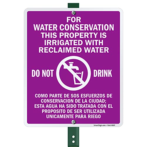 SmartSign This Property Is Irrigated With Reclaimed Water Bilingual Yard Sign with 3 foot Stake, 12" x 10", 40 mil Aluminum, White & Purple, Set of 1